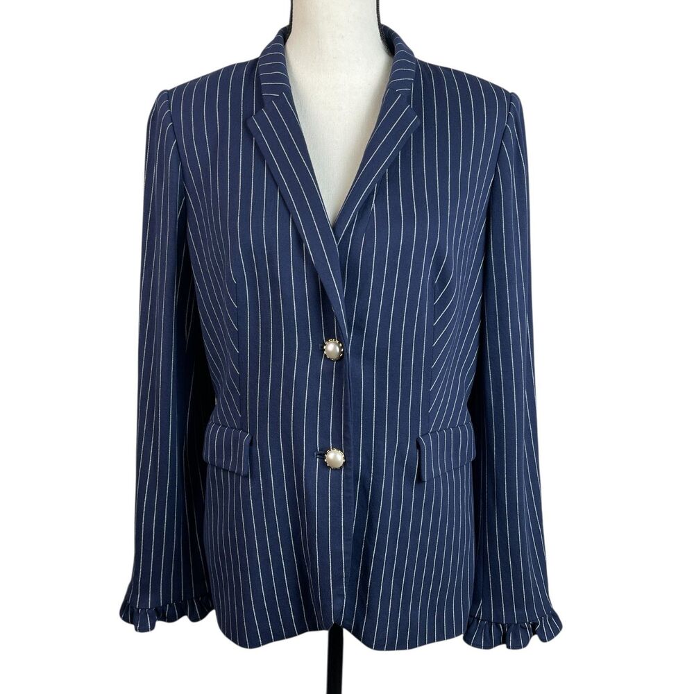 Chico's Pinstripe Blazer Jacket Size 1 Medium Navy Blue Pearl Button Ruffle Cuff